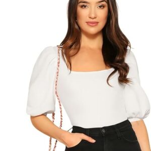 Dream Beauty Fashion Women's Bishop Puff Sleeves Square Neck Slim Top Polyester Blend (BZF-Top-Ev