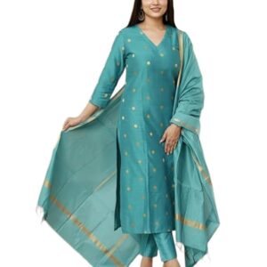 Kurti Set Woman | Kurta with Pant & Dupatta | Straight Ethnic Suit | Indian Outfit Ladies Dress Stylish Traditional Clothing Party Office Fashion Look Style