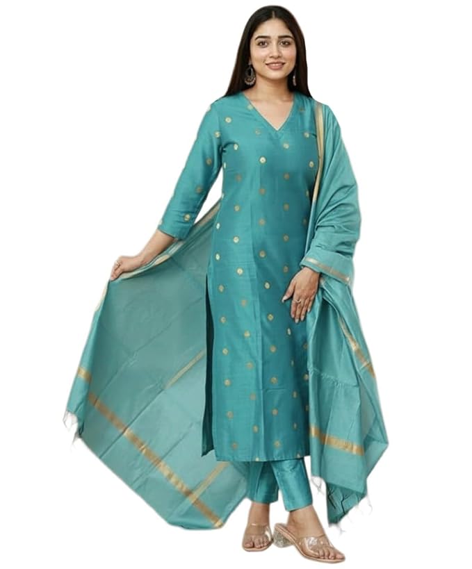 Kurti Set Woman | Kurta with Pant & Dupatta | Straight Ethnic Suit | Indian Outfit Ladies Dress Stylish Traditional Clothing Party Office Fashion Look Style