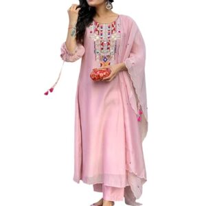 Women's Cotton Mirror Work Embroidered Straight Kurti with Pant and Dupatta Set
