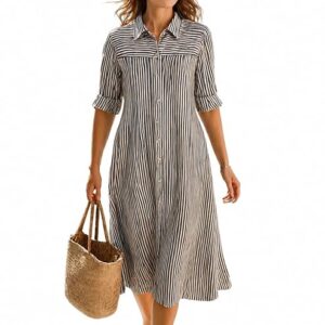 Women's Summer Striped Midi Long Shirt Dress Casual Loose Short Sleeve Button Down Dress | Casual Outfit Wear Events, Date & Evening Look |Tunic Shirts for Women