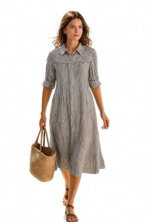 Women's Summer Striped Midi Long Shirt Dress Casual Loose Short Sleeve Button Down Dress | Casual Outfit Wear Events, Date & Evening Look |Tunic Shirts for Women