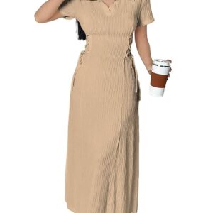 Solid Color Applique Lace-Up Collared Short Sleeve, Side-Tie Waist Long Casual Maxi Women Dress Outfit Long Evening Midi Western Party Dress for Women (Dress 211)