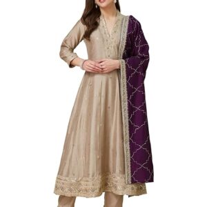 Women’s Silk Anarkali Suit Floral Thread & Sequin Embroidered Kurta Pant Dupatta Set Ethnic Wear