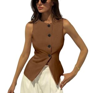 Brown Solid Modern Sleeveless Fitted Waist Slim Round Neck Blazer& Top for Women's & Girl's