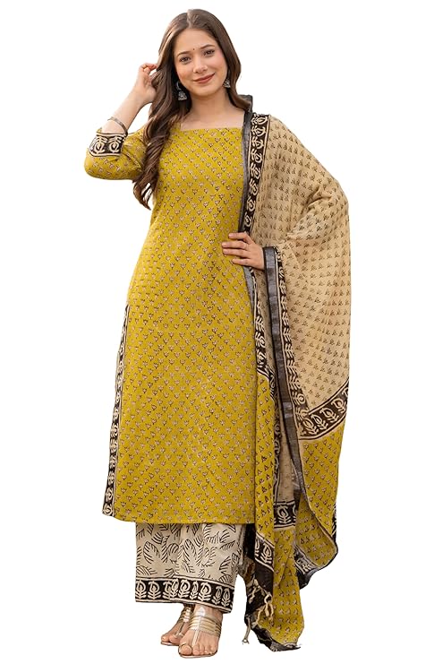 Women's Pure Cotton Straight Kurta Set with Palazzo Pants & Dupatta|Ethnic wear|Kurta Set for Women