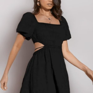 Flare Black Solid Summer Beach Square Neck Puff Sleeve Cut Out Waist Mini Dress